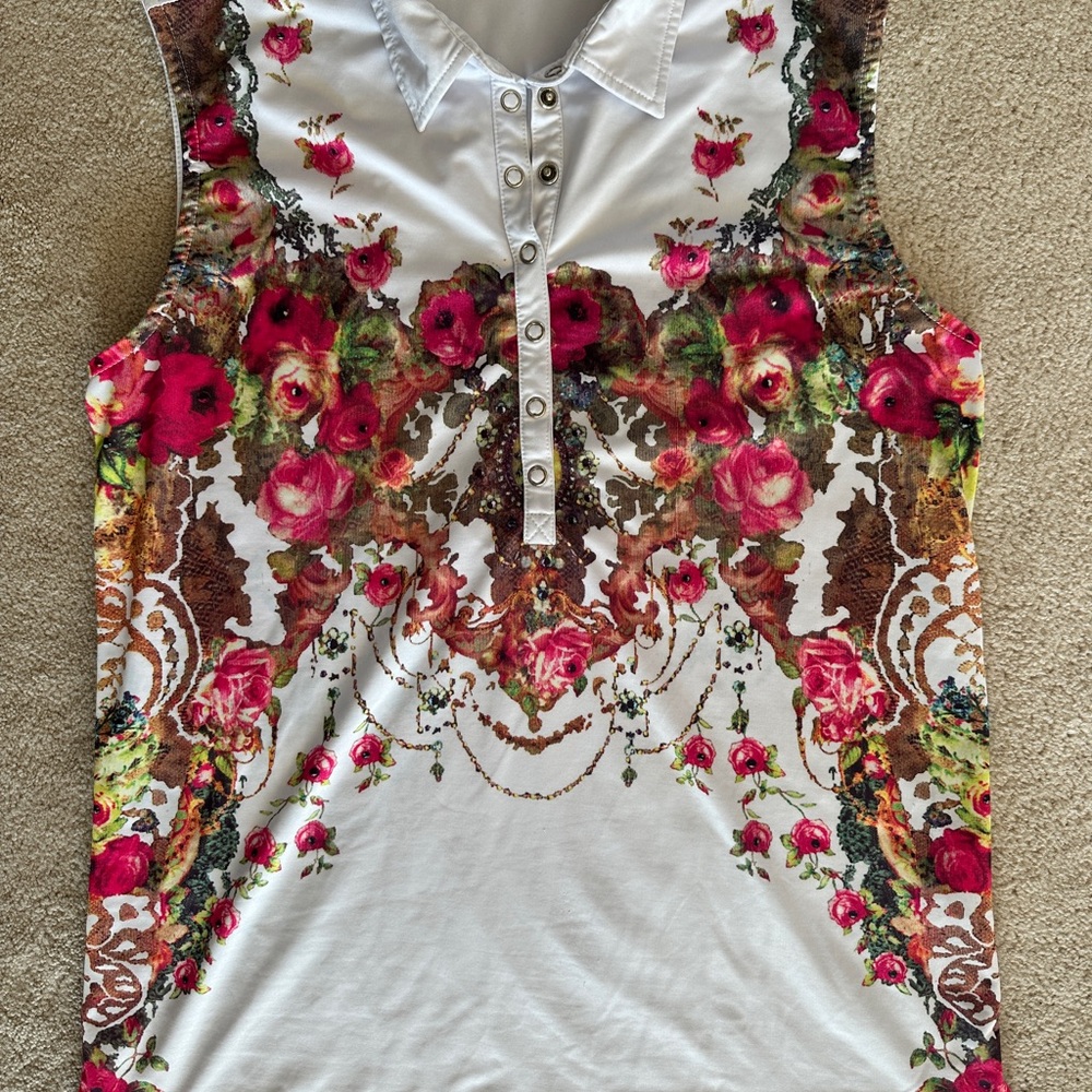 Daily Sports White Floral Sleeveless Tank Top with Pink Roses